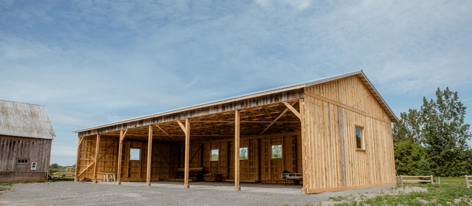 The finished barn in Carp Ontario featuring steel roofing and board and batten siding